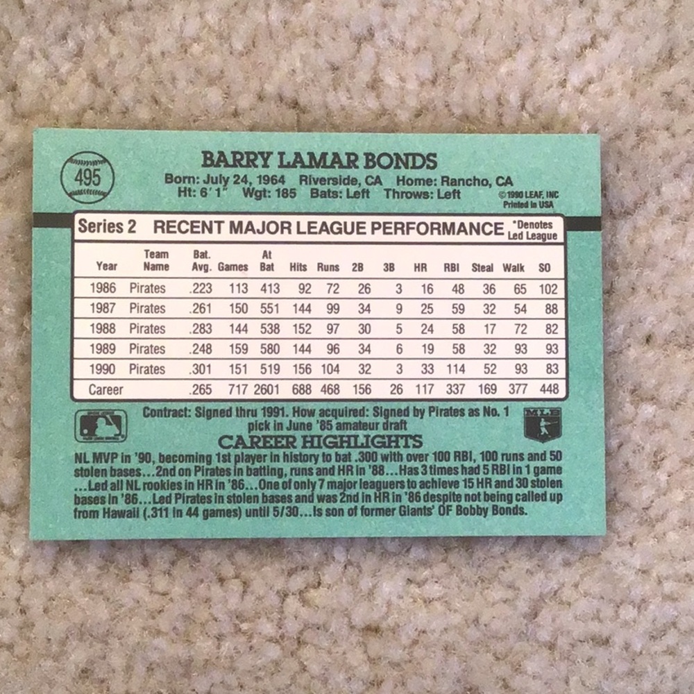 Vintage Barry Bonds Donruss ‘91 MLB Baseball Trading Cards, Set of 2 Error Cards - Picture 3 of 9